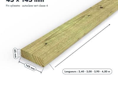 Madrier / Chevron en pin sylvestre traité autoclave vert classe 4 – Section 45x145 mm, pièce cotée, Abri Français