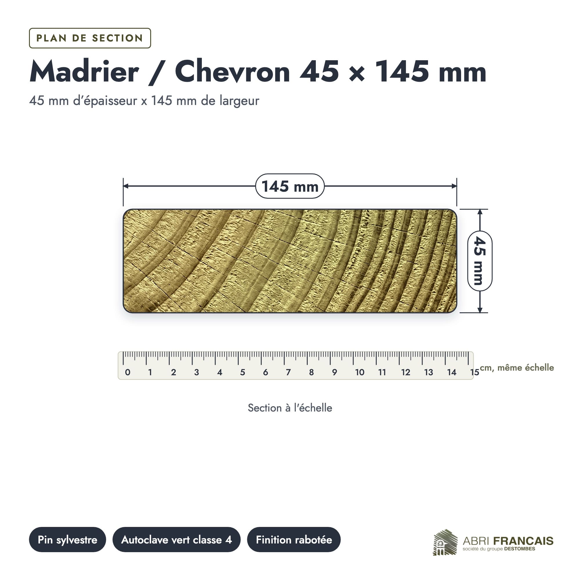 Madrier / Chevron en pin sylvestre traité autoclave vert classe 4 – Section 45x145 mm, plan de section, Abri Français