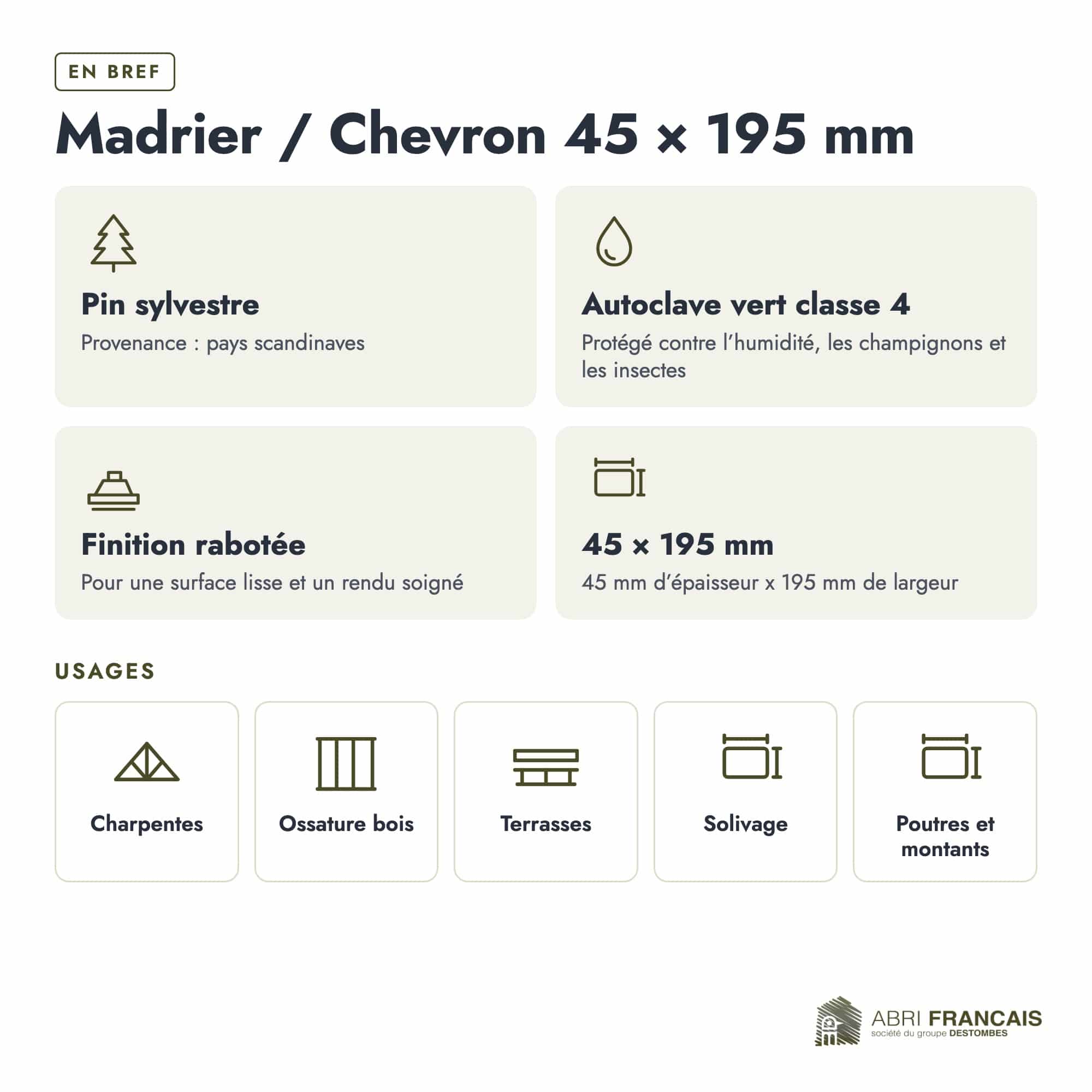 Madrier / Chevron en pin sylvestre traité autoclave vert classe 4 – Section 45x195 mm, en bref, Abri Français
