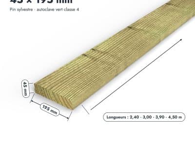 Madrier / Chevron en pin sylvestre traité autoclave vert classe 4 – Section 45x195 mm, pièce cotée, Abri Français