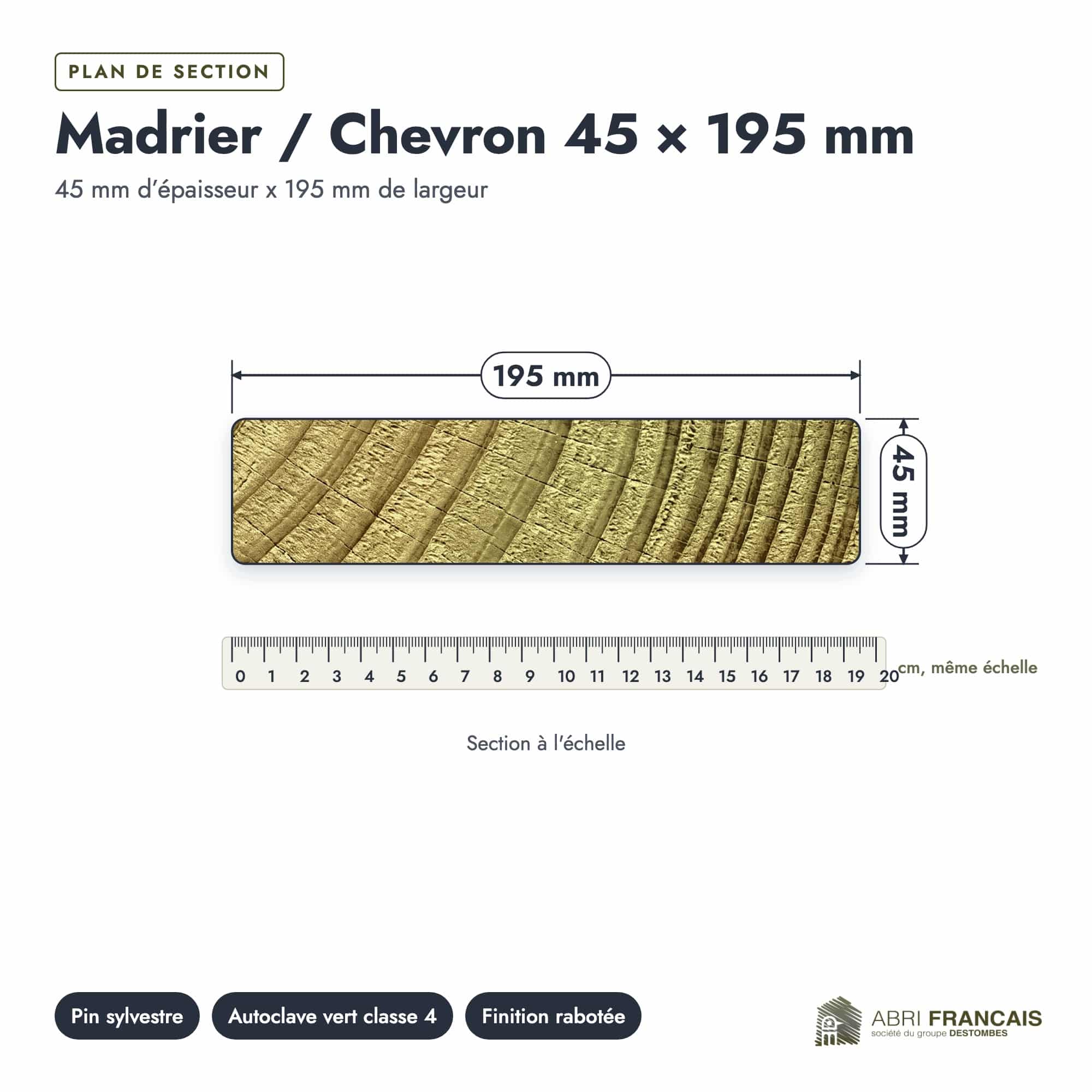 Madrier / Chevron en pin sylvestre traité autoclave vert classe 4 – Section 45x195 mm, plan de section, Abri Français