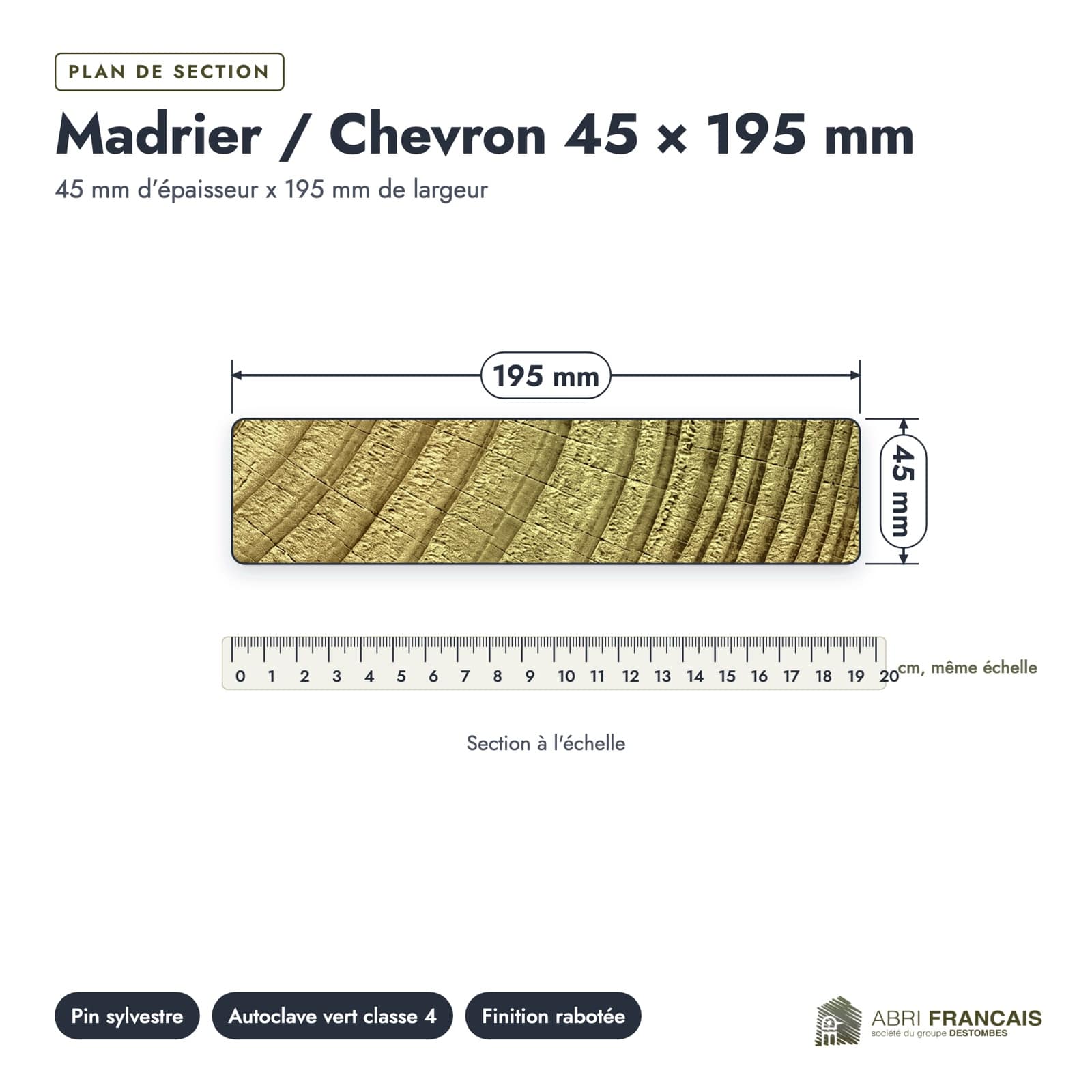 Plan de section coté, sur le vrai bois de bout