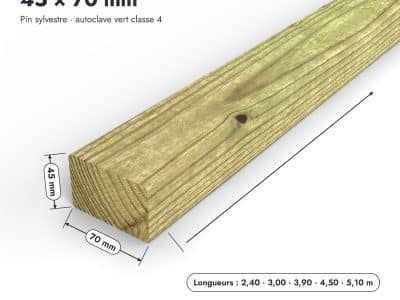 Chevron en pin sylvestre traité autoclave vert classe 4 – Section 45x70 mm, pièce cotée, Abri Français