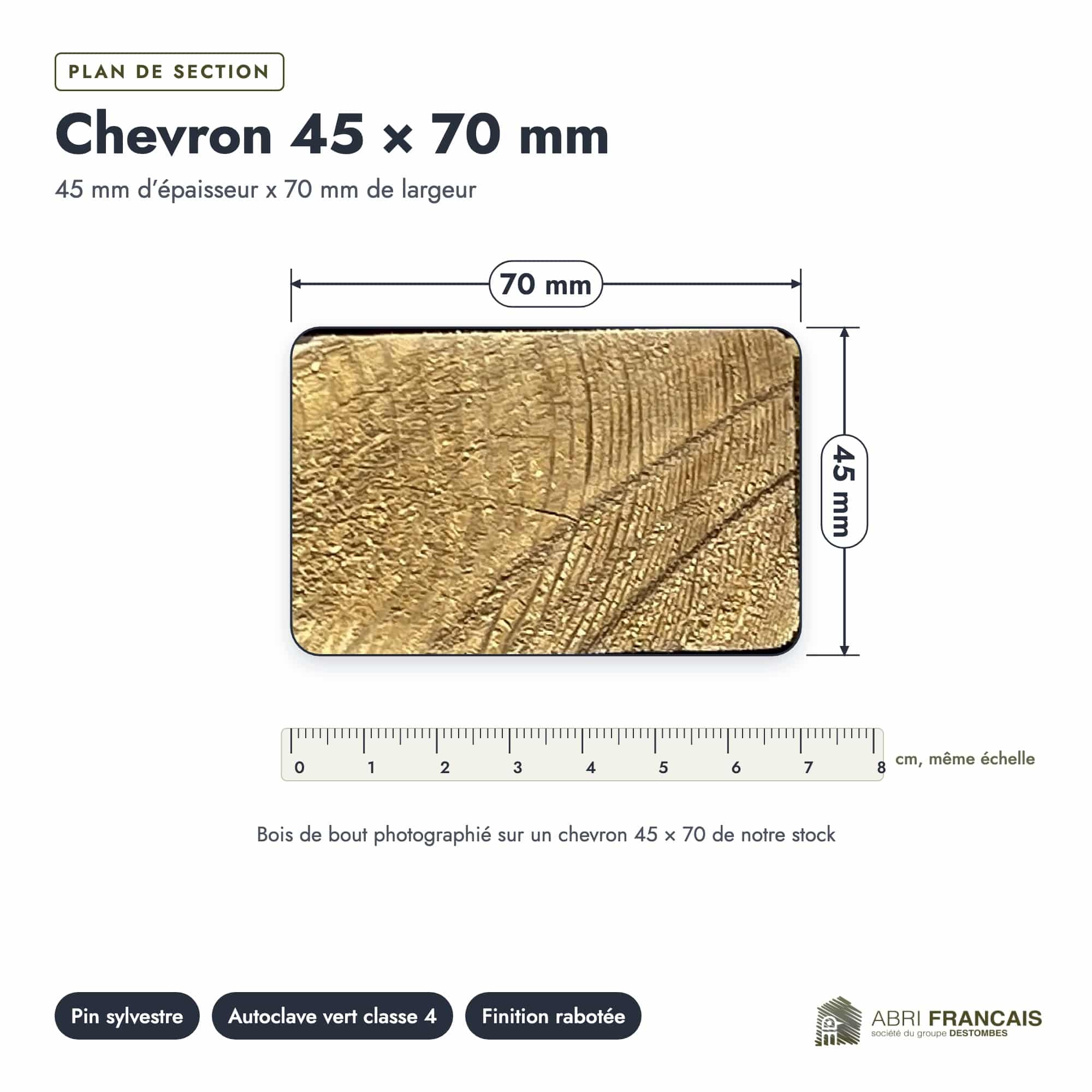 Chevron en pin sylvestre traité autoclave vert classe 4 – Section 45x70 mm, plan de section, Abri Français