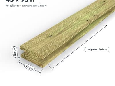 Chevron en pin sylvestre profil H traité autoclave vert classe 4 – Section 45x95 mm H, pièce cotée, Abri Français