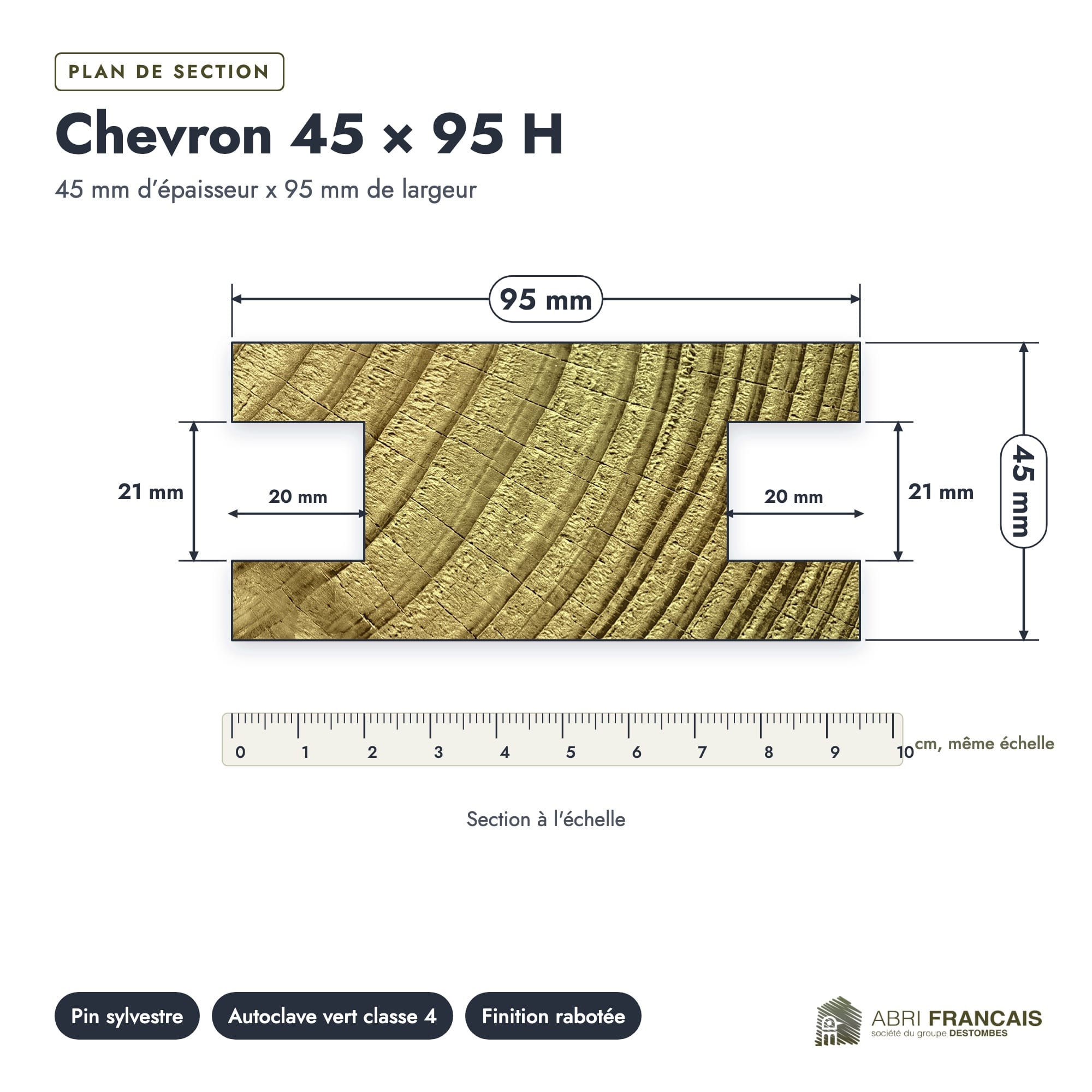 Chevron en pin sylvestre profil H traité autoclave vert classe 4 – Section 45x95 mm H, plan de section, Abri Français