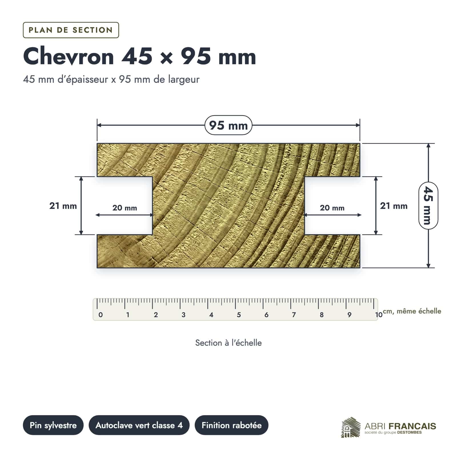 Plan de section coté, sur le vrai bois de bout