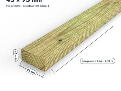 Chevron en pin sylvestre traité autoclave vert classe 4 – Section 45x95 mm, pièce cotée, Abri Français
