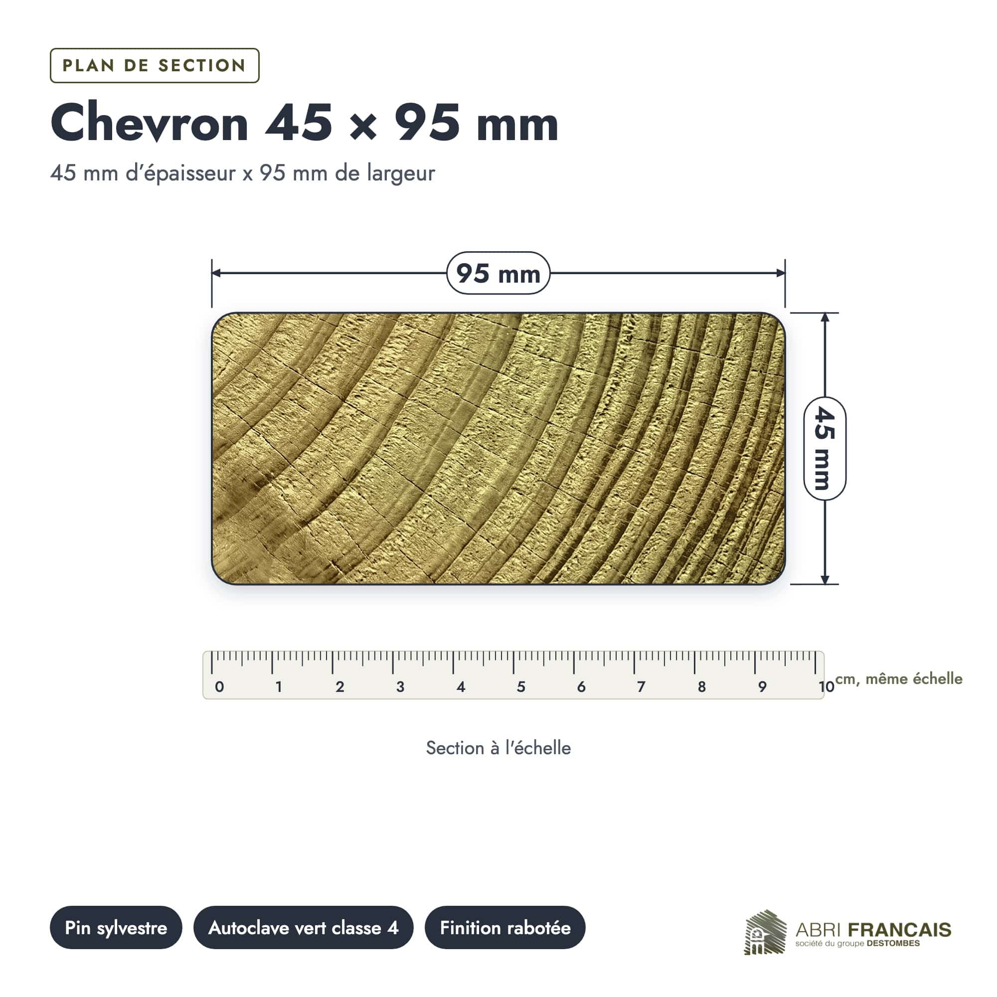 Chevron en pin sylvestre traité autoclave vert classe 4 – Section 45x95 mm, plan de section, Abri Français
