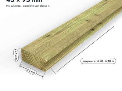Profilé bois U 45x95, chevron en pin sylvestre autoclave vert à une rainure : pièce cotée et longueurs