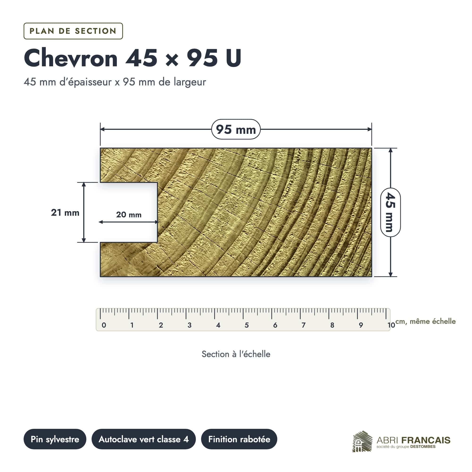 Chevron en pin sylvestre profil U traité autoclave vert classe 4 – Section 45x95 mm U, plan de section, Abri Français