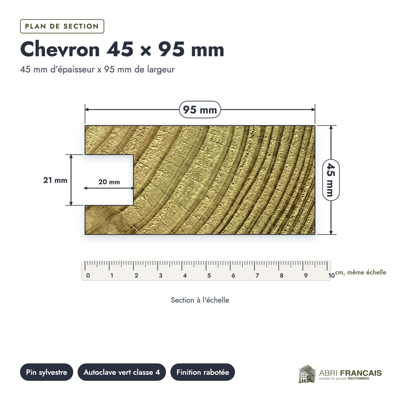 Plan de section coté, sur le vrai bois de bout