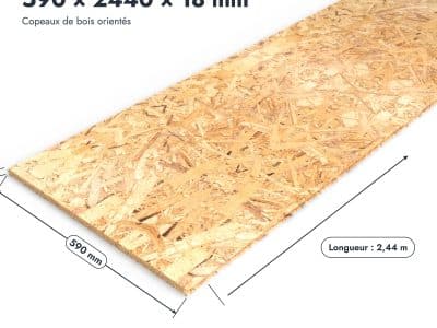 Panneau OSB 3 rainuré-languette – Dimensions 590x2440 mm – Épaisseur 18 mm, pièce cotée, Abri Français