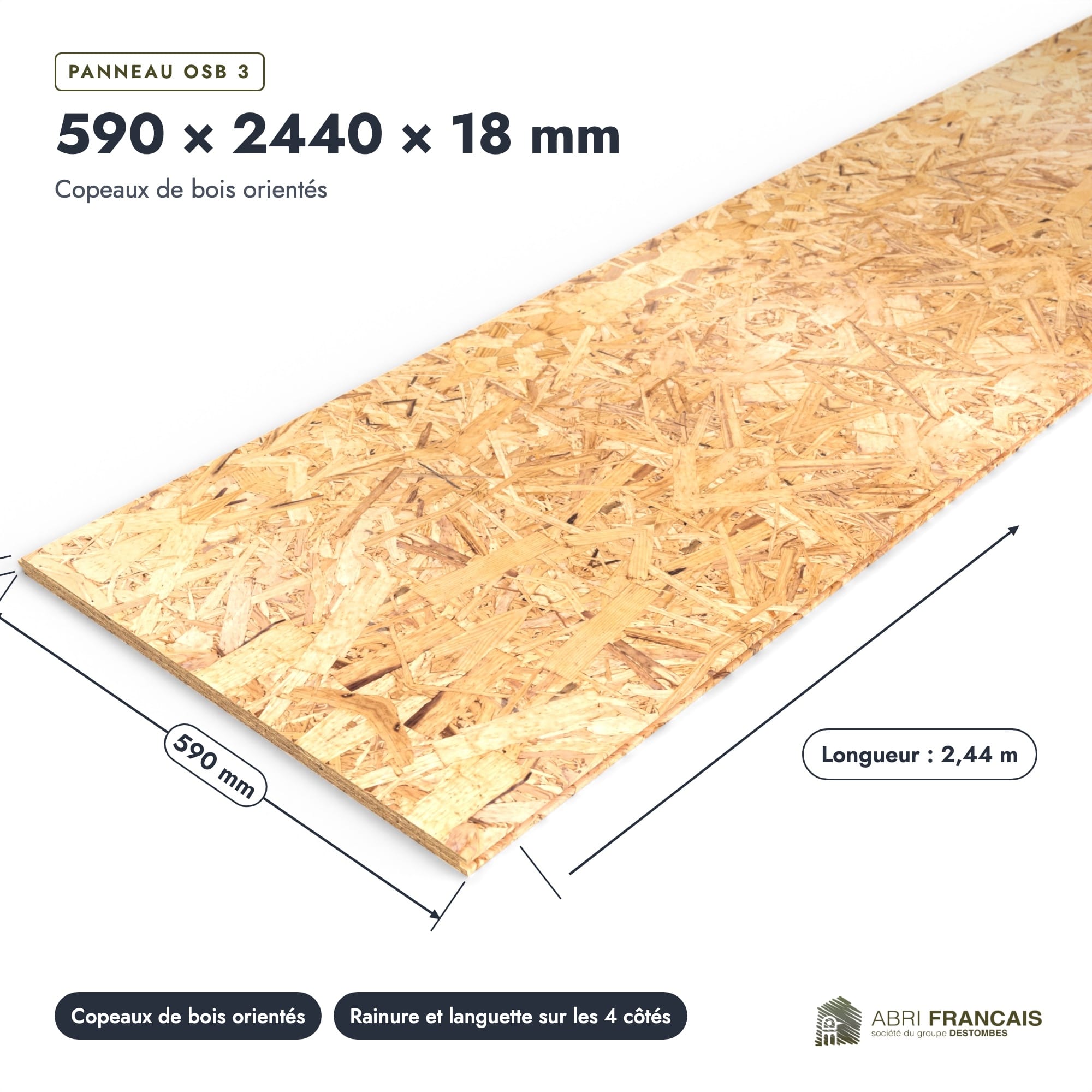 Panneau OSB 3 rainuré-languette – Dimensions 590x2440 mm – Épaisseur 18 mm, pièce cotée, Abri Français