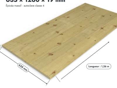 Panneau 3 plis en épicéa traité autoclave – Dimensions 635x1260 mm – Épaisseur 19 mm, pièce cotée, Abri Français
