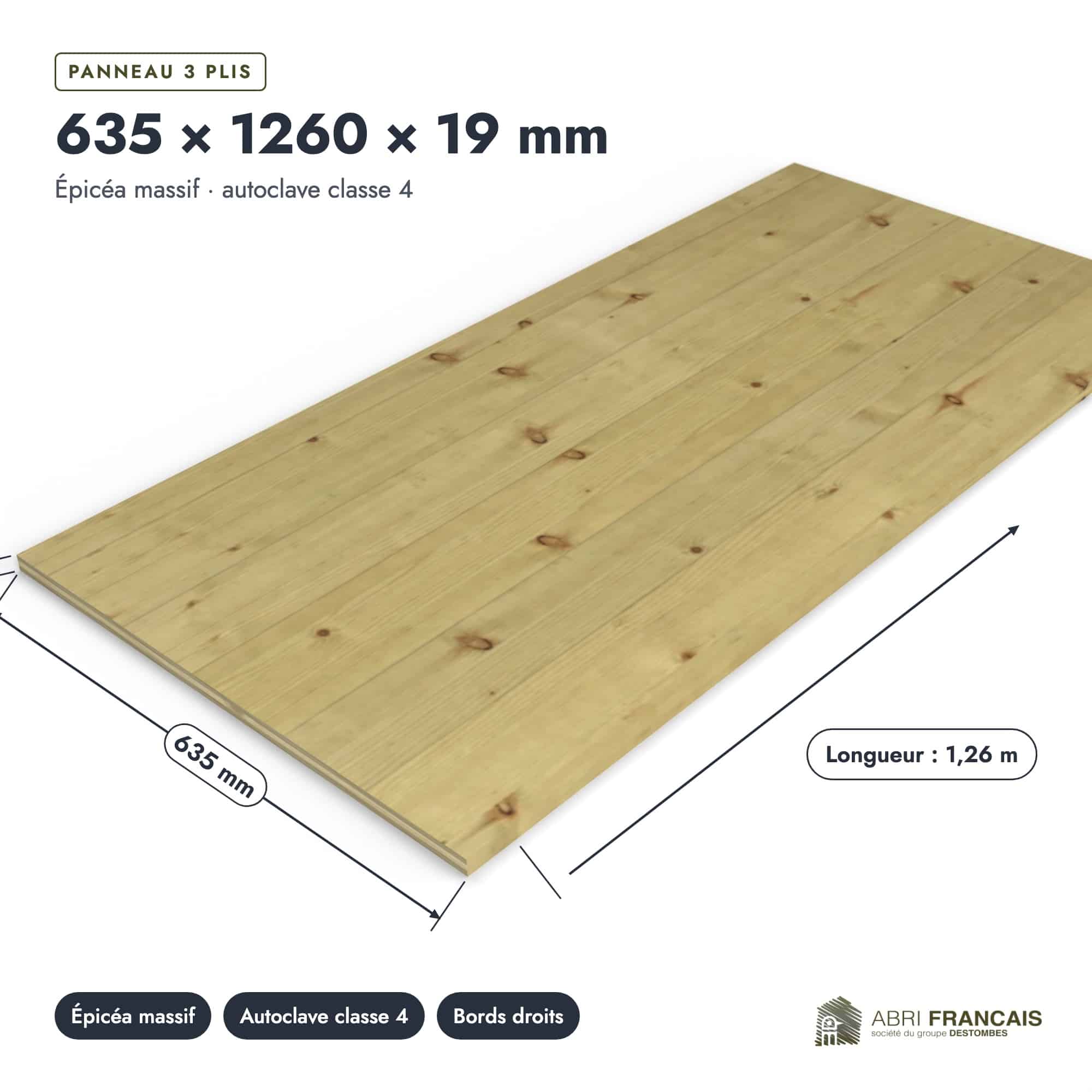 Panneau 3 plis en épicéa traité autoclave – Dimensions 635x1260 mm – Épaisseur 19 mm, pièce cotée, Abri Français