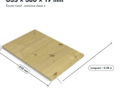 Panneau 3 plis en épicéa traité autoclave – Dimensions 635x380 mm – Épaisseur 19 mm, pièce cotée, Abri Français