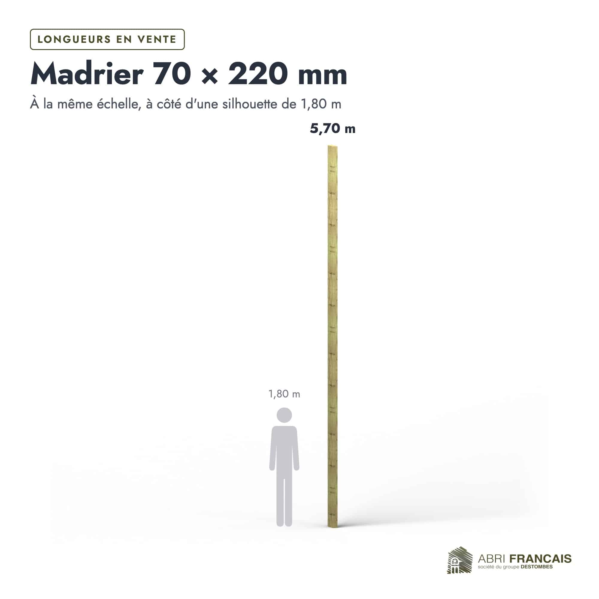 Madrier en pin sylvestre traité autoclave vert classe 4 – Section 70x220 mm, longueurs, Abri Français