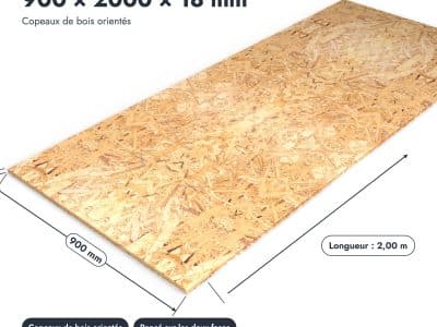 Panneau OSB 3 rainuré-languette – Dimensions 900x2000 mm – Épaisseur 18 mm, pièce cotée, Abri Français