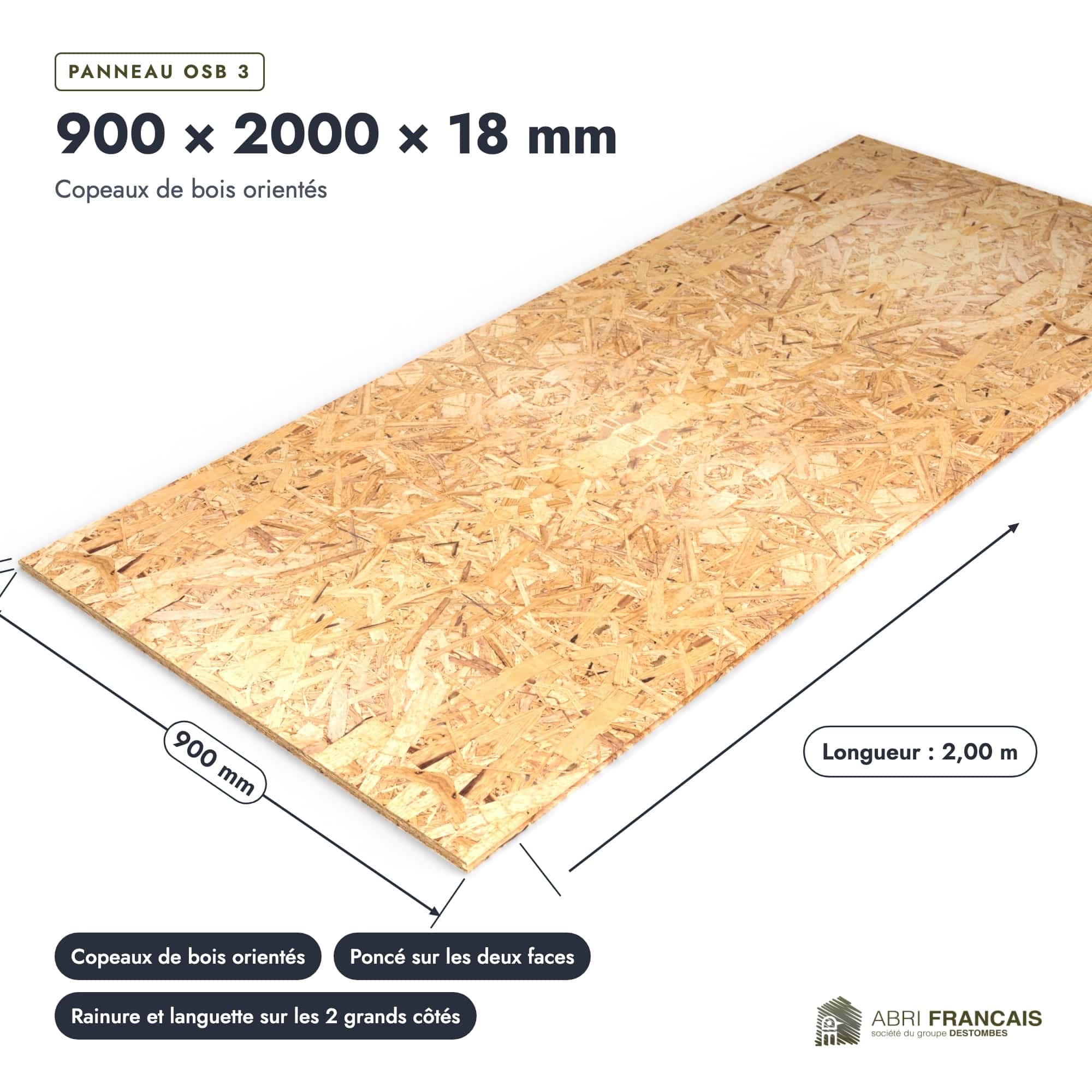 Panneau OSB 3 rainuré-languette – Dimensions 900x2000 mm – Épaisseur 18 mm, pièce cotée, Abri Français