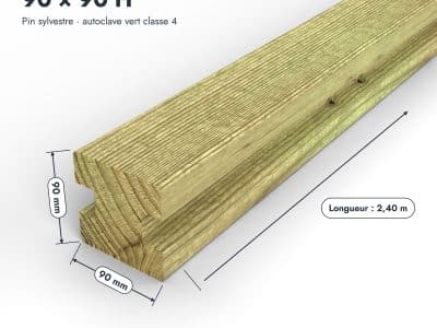 Poteau en pin sylvestre profil H traité autoclave vert classe 4 – Section 90x90 mm H, pièce cotée, Abri Français