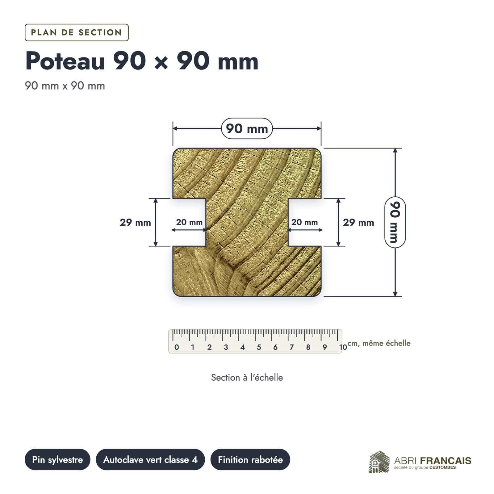 Plan de section coté, sur le vrai bois de bout
