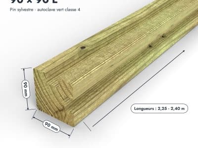 Poteau en pin sylvestre profil L traité autoclave vert classe 4 – Section 90x90 mm L, pièce cotée, Abri Français