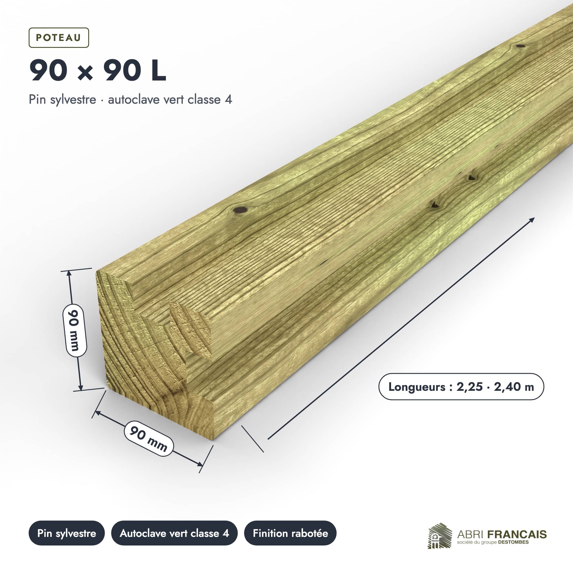 Poteau en pin sylvestre profil L traité autoclave vert classe 4 – Section 90x90 mm L, pièce cotée, Abri Français