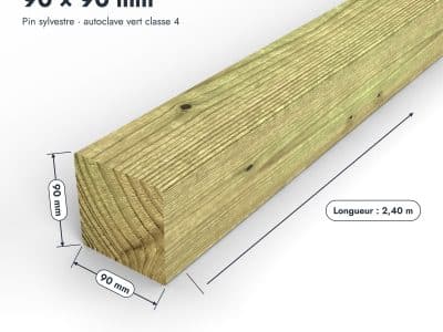 Poteau en pin sylvestre traité autoclave vert classe 4 – Section 90x90 mm, pièce cotée, Abri Français