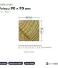 Poteau en pin sylvestre traité autoclave vert classe 4 – Section 90x90 mm, plan de section, Abri Français