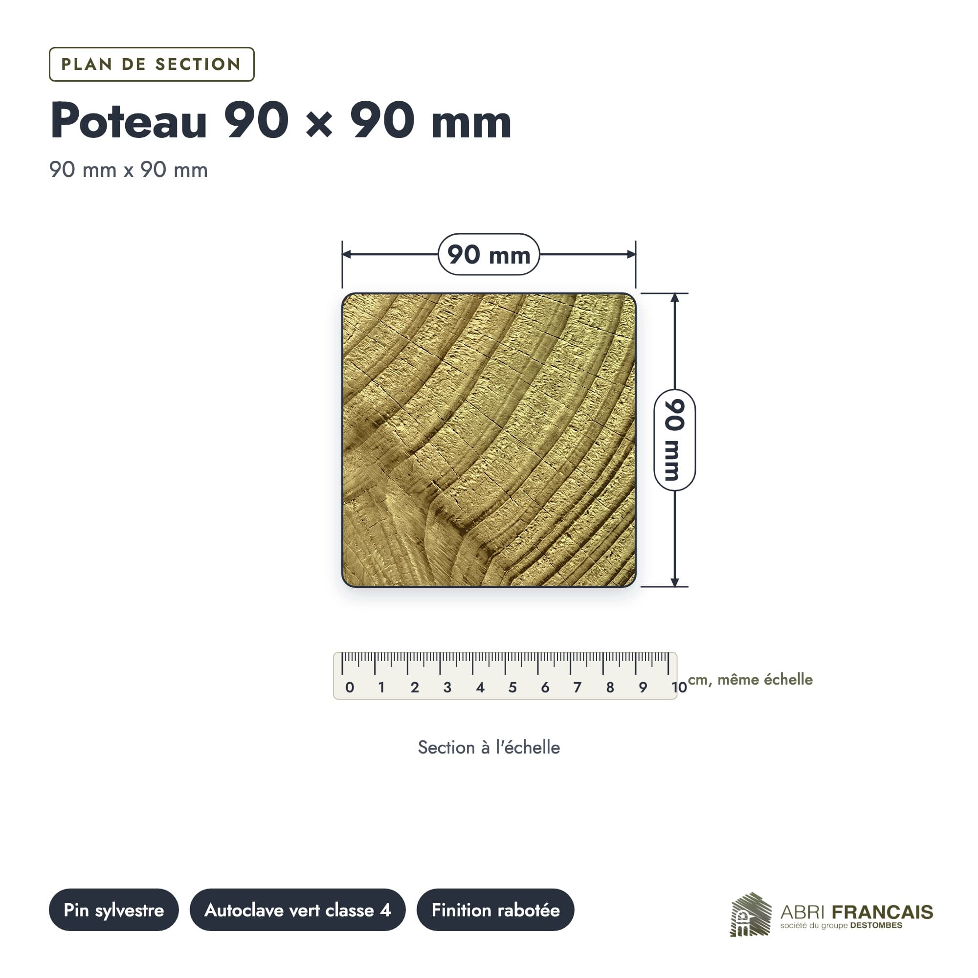 Poteau en pin sylvestre traité autoclave vert classe 4 – Section 90x90 mm, plan de section, Abri Français