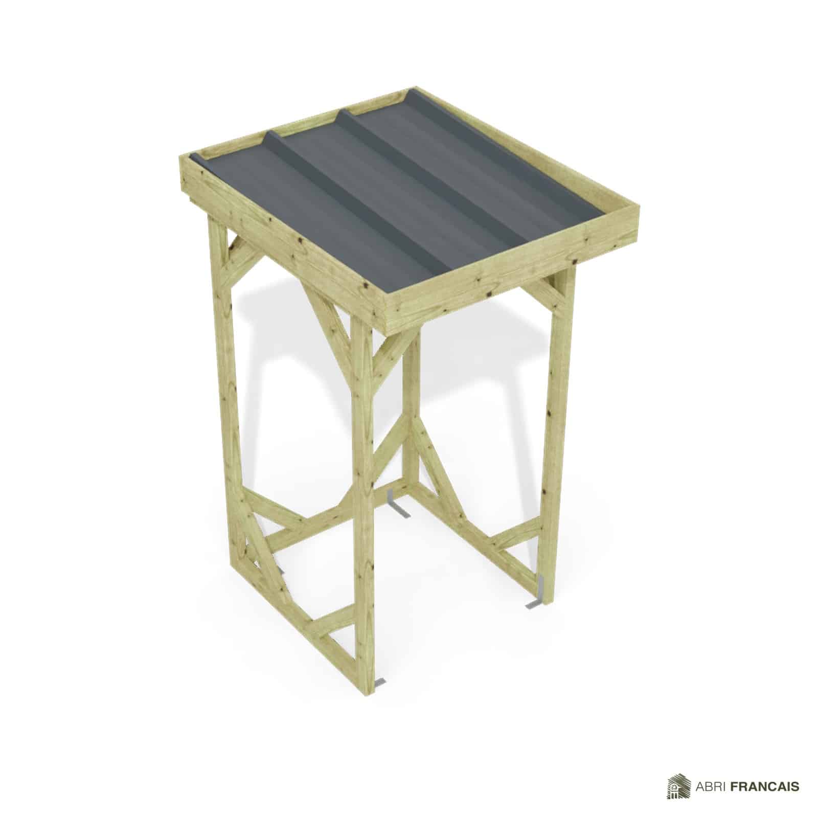Abri à bûches 1 m × 1,30 m – vue du toit en bac acier