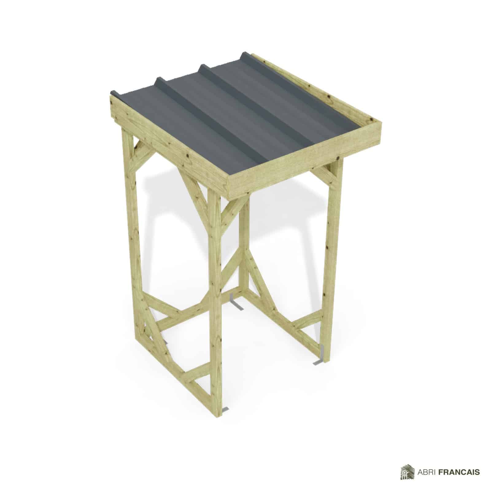 Abri à bûches 1 m × 1,30 m, adossé – vue du toit en bac acier