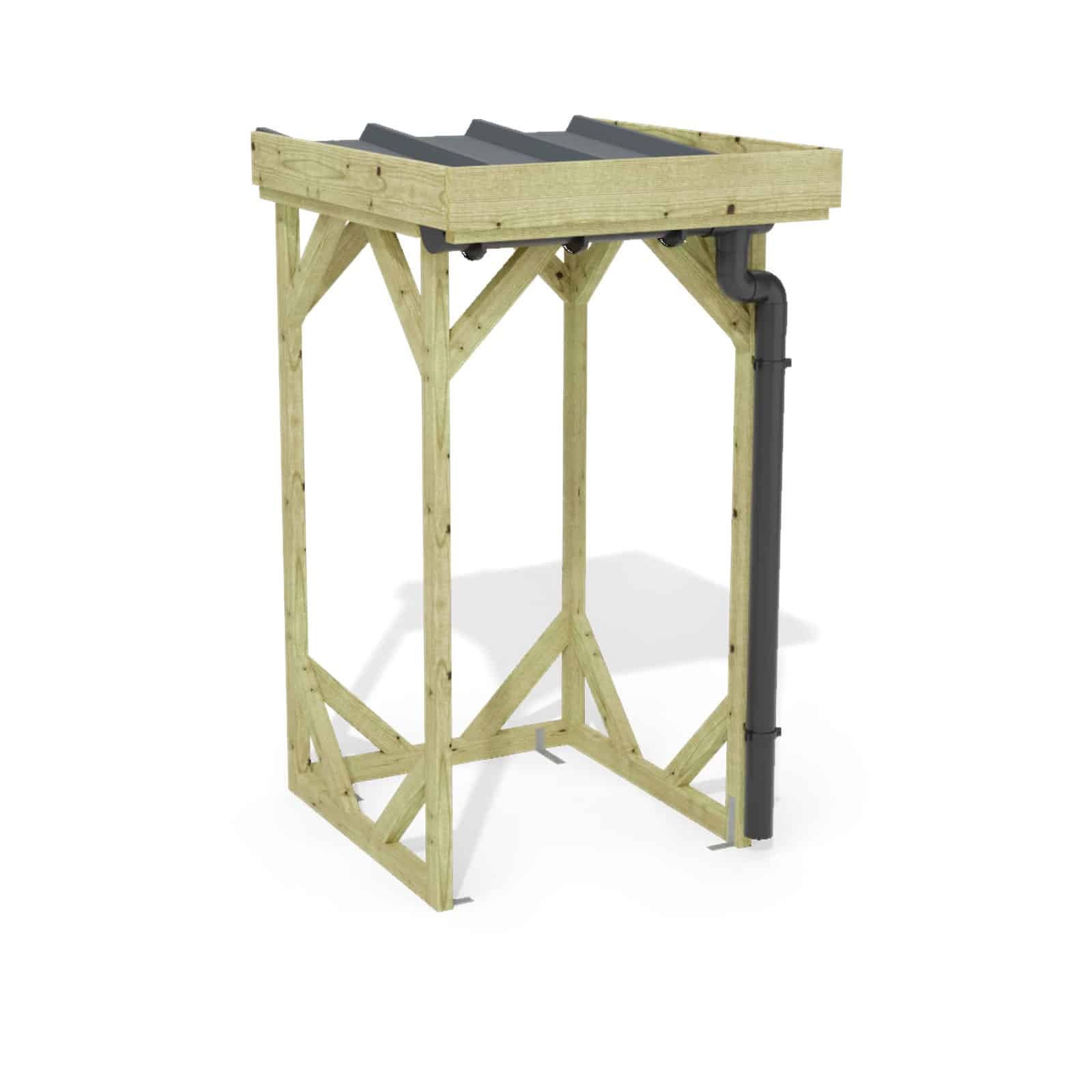 Abri à bûches 1 m × 1,30 m, adossé, avec gouttière – rendu 3D sur fond blanc