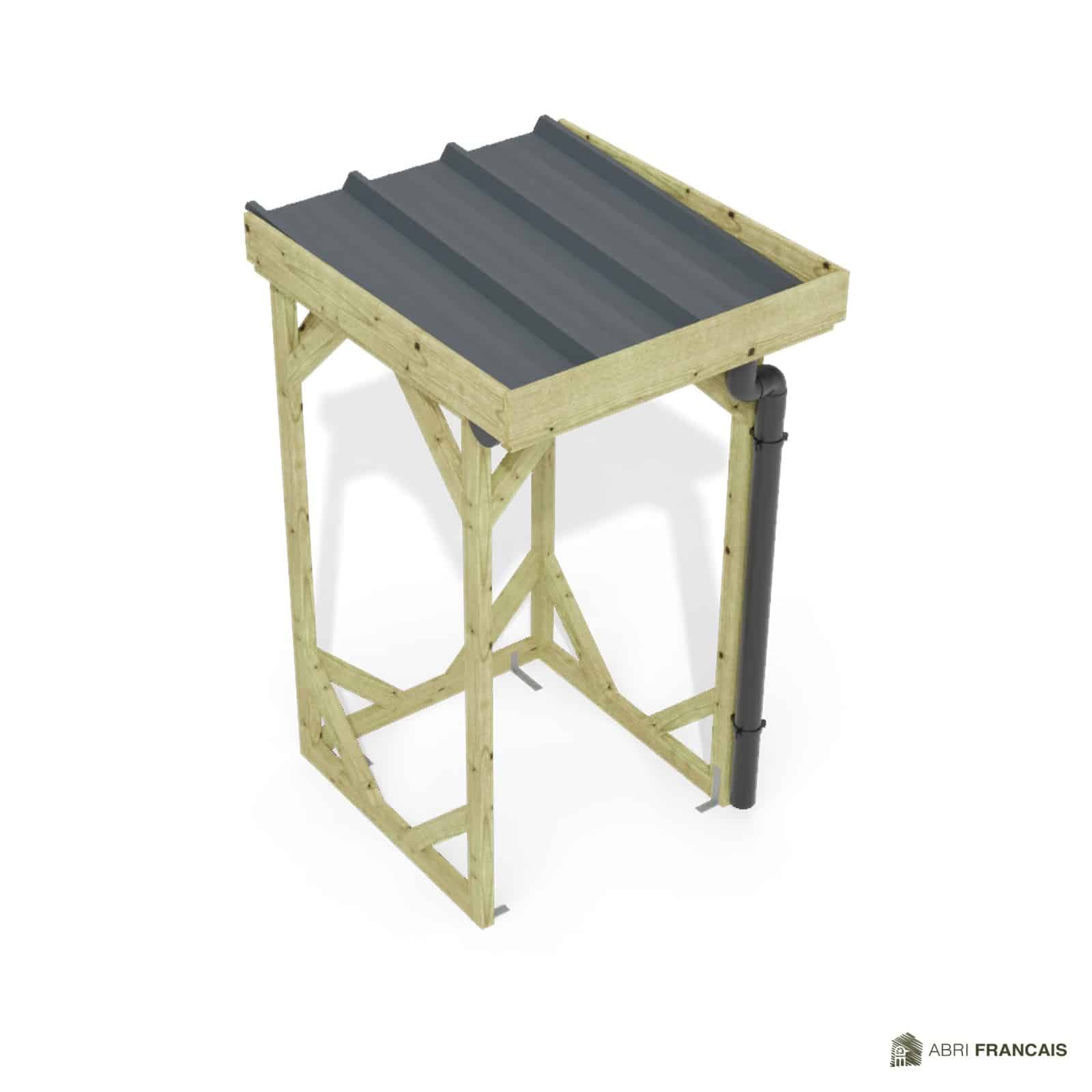 Abri à bûches 1 m × 1,30 m, adossé, avec gouttière – vue du toit en bac acier