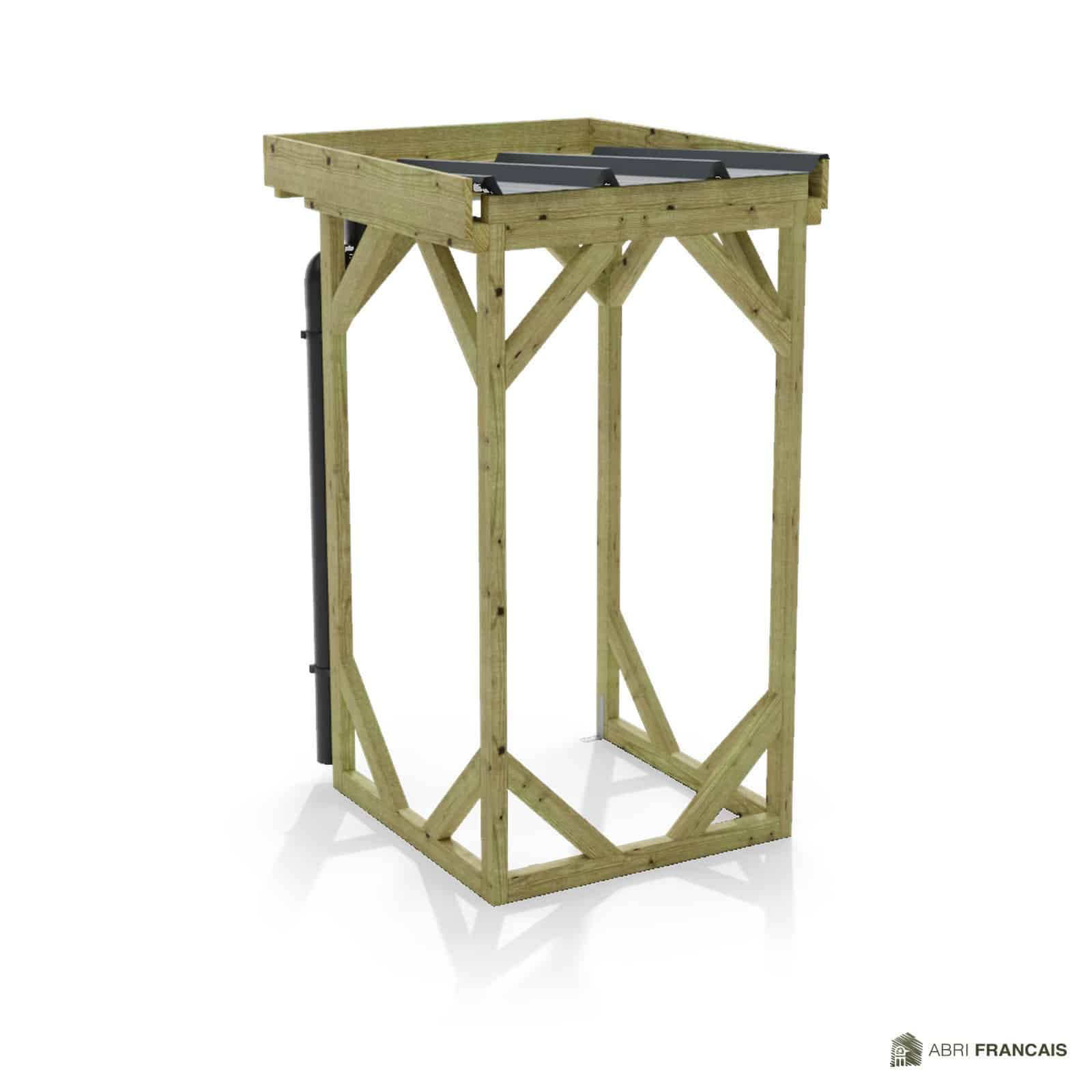 Abri à bûches 1 m × 1,30 m, adossé, avec gouttière – vue arrière, fond et côtés