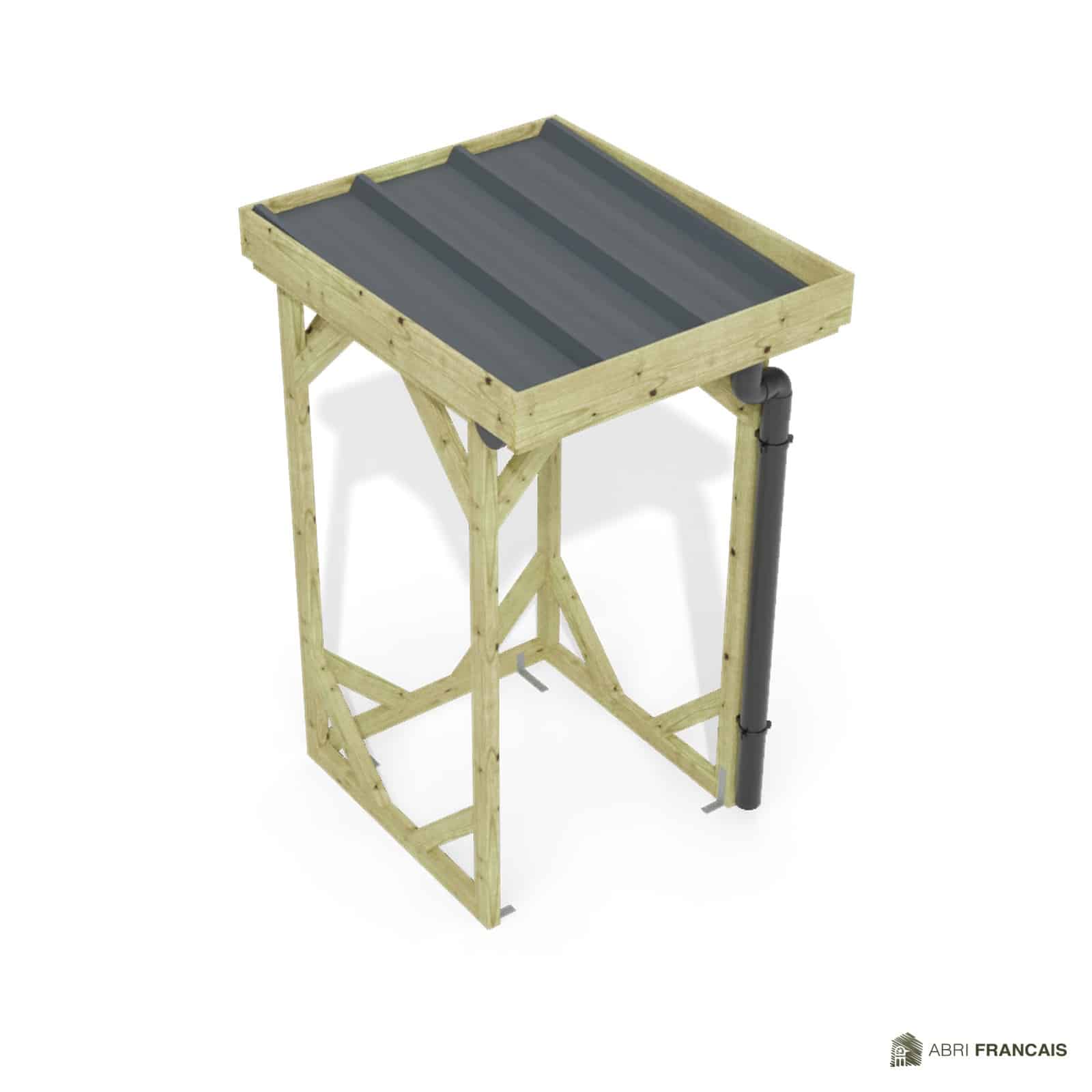 Abri à bûches 1 m × 1,30 m, avec gouttière – vue du toit en bac acier