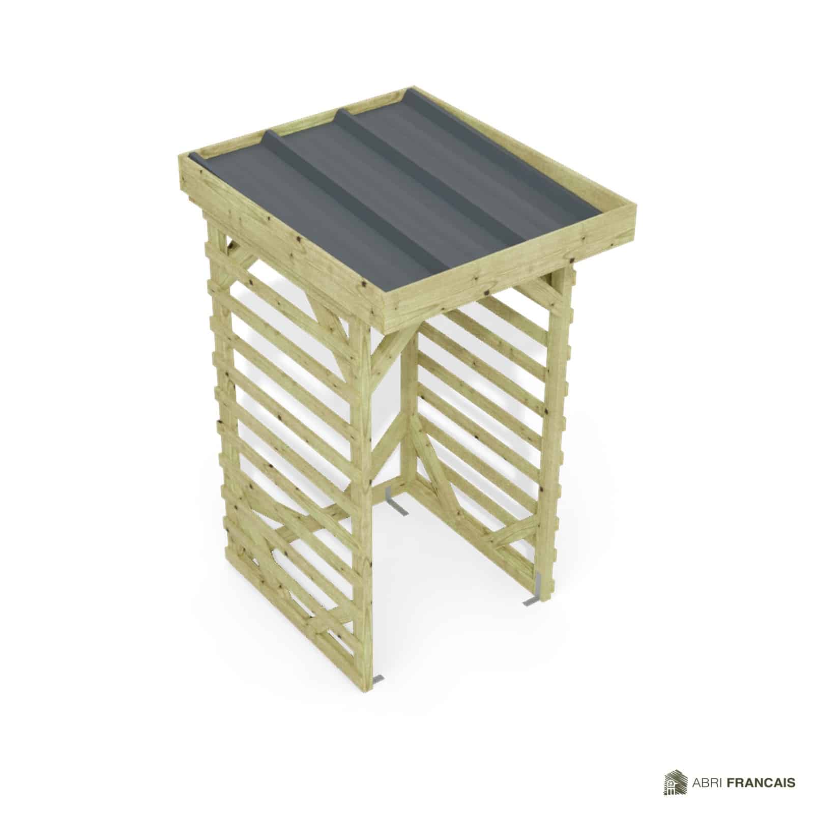 Abri à bûches 1 m × 1,30 m – vue du toit en bac acier