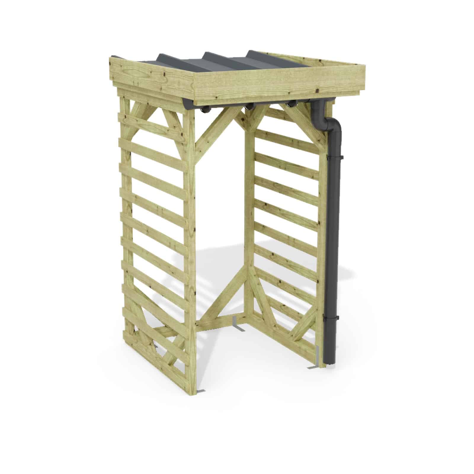 Abri à bûches 1 m × 1,30 m, adossé, avec gouttière – rendu 3D sur fond blanc