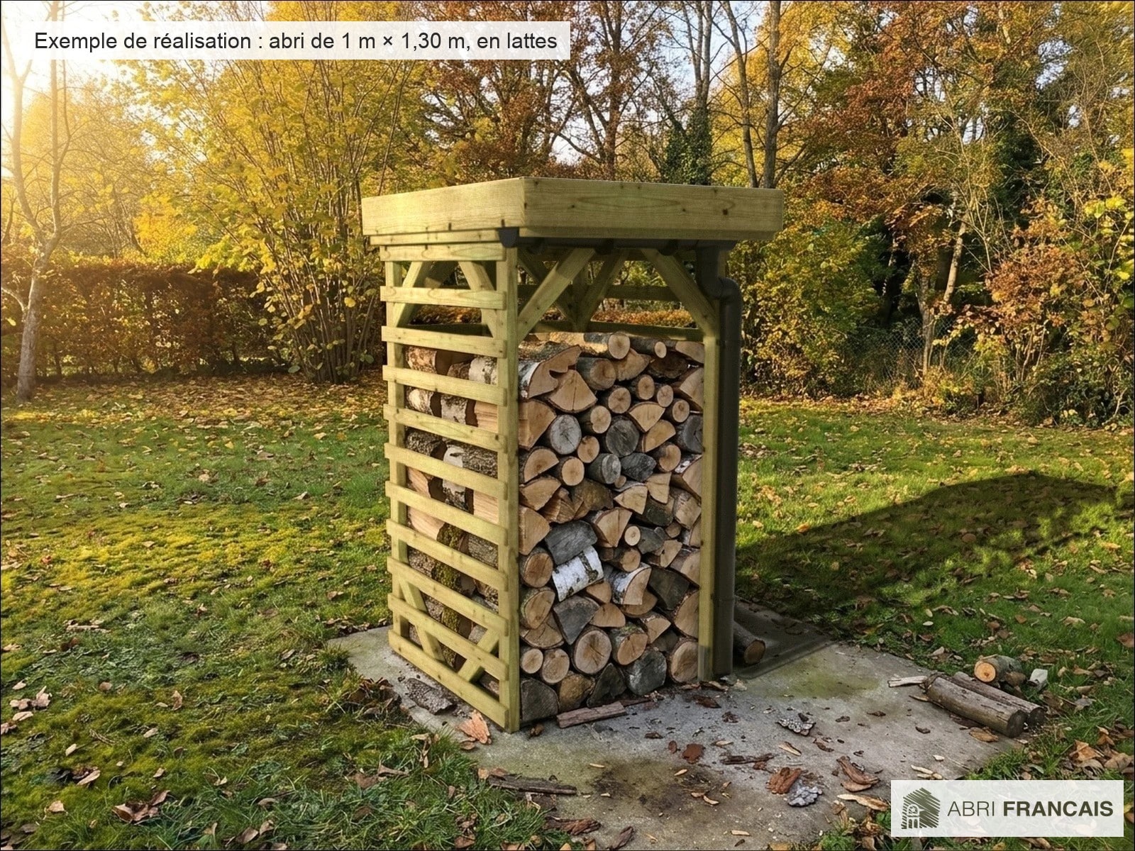 Abri à bûches 1 m × 1,30 m, adossé, avec gouttière – mise en situation