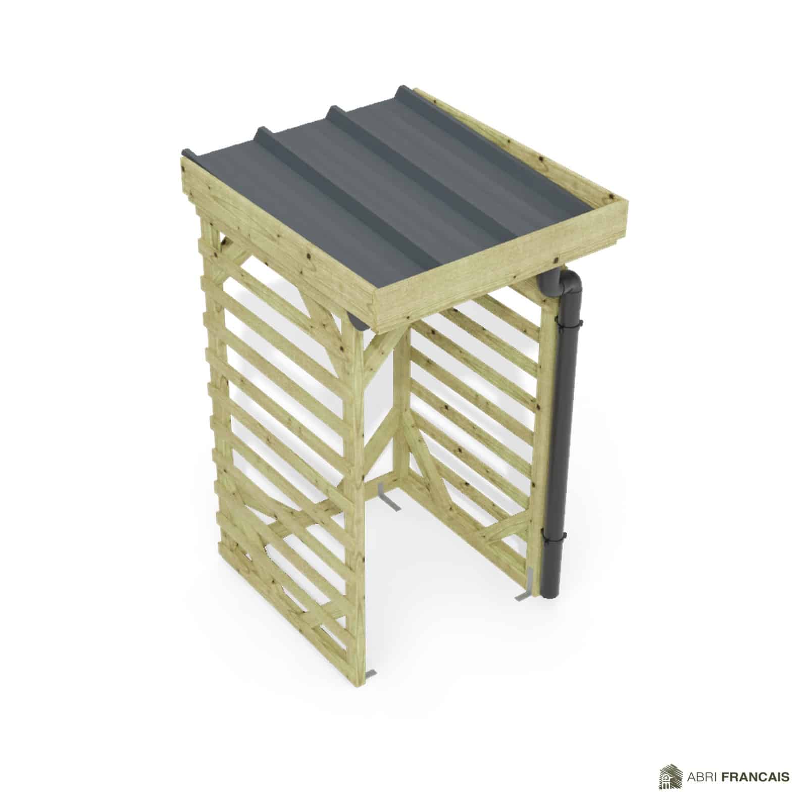 Abri à bûches 1 m × 1,30 m, adossé, avec gouttière – vue du toit en bac acier