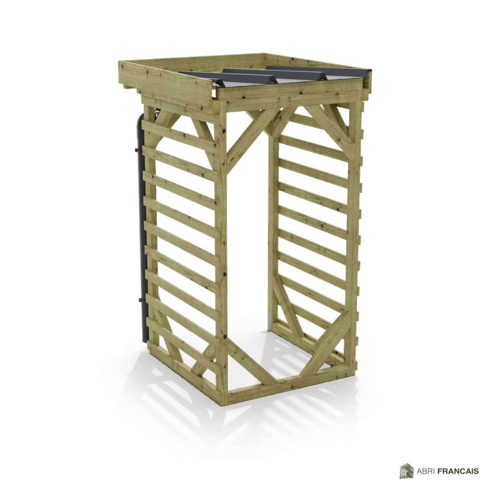 Abri à bûches 1 m × 1,30 m, adossé, avec gouttière – vue arrière, fond et côtés
