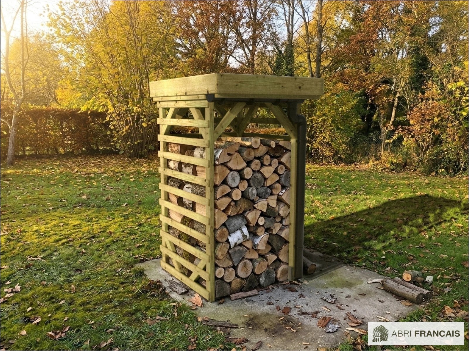 Abri à bûches 1 m × 1,30 m, avec gouttière – mise en situation
