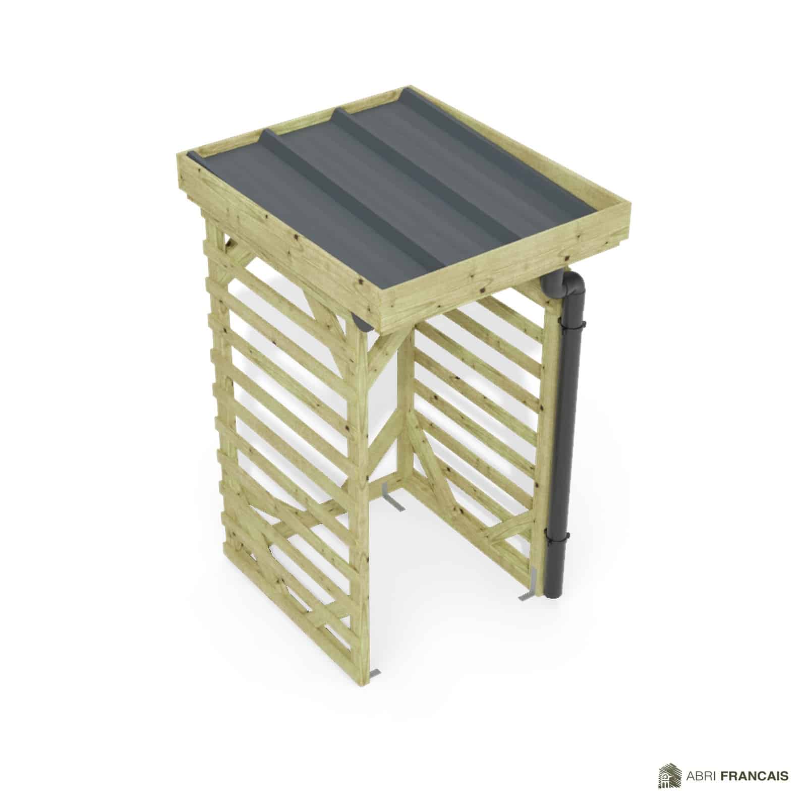 Abri à bûches 1 m × 1,30 m, avec gouttière – vue du toit en bac acier