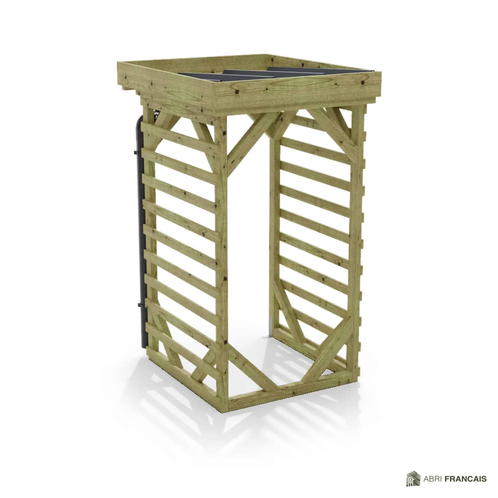 Abri à bûches 1 m × 1,30 m, avec gouttière – vue arrière, fond et côtés
