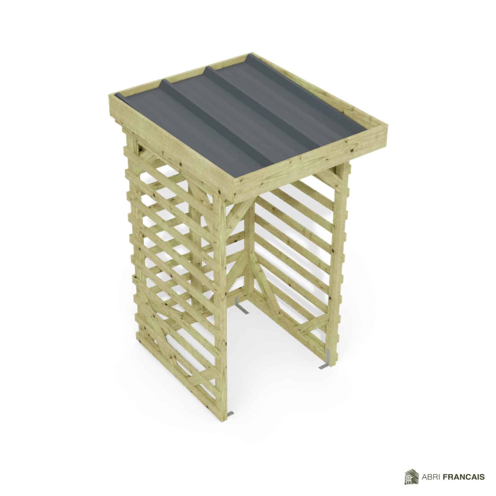 Abri à bûches 1 m × 1,30 m – vue du toit en bac acier