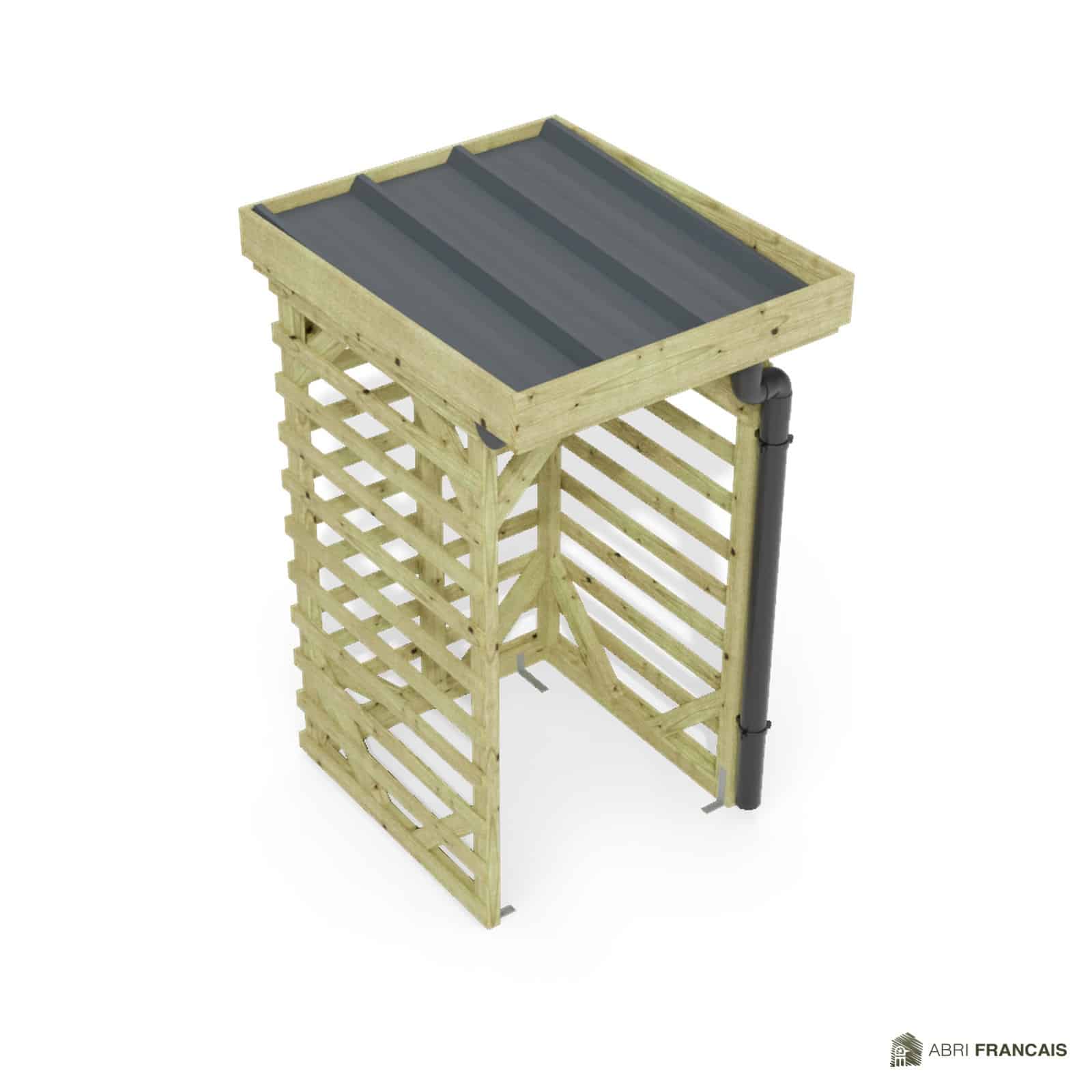 Abri à bûches 1 m × 1,30 m, avec gouttière – vue du toit en bac acier