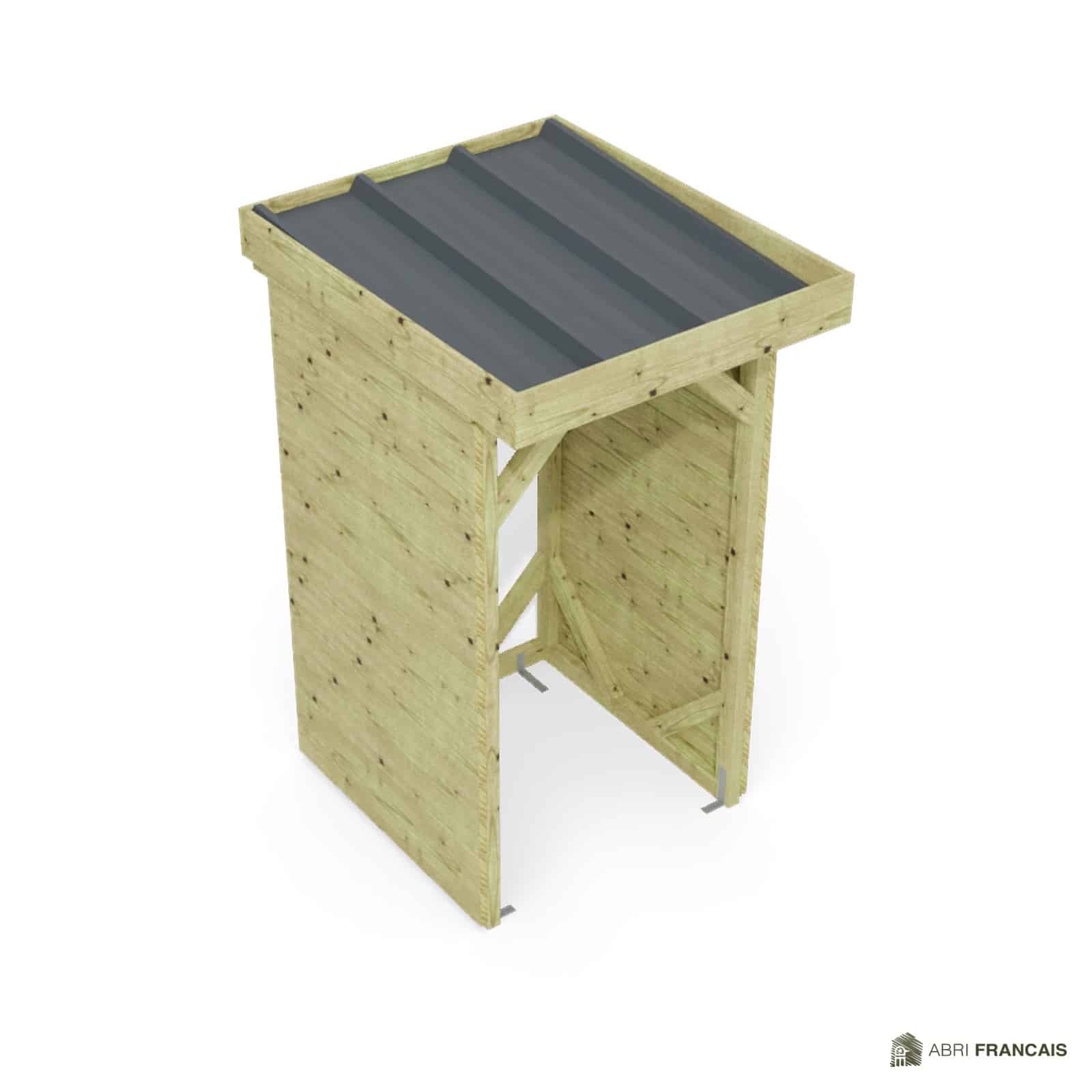 Abri à bûches 1 m × 1,30 m – vue du toit en bac acier