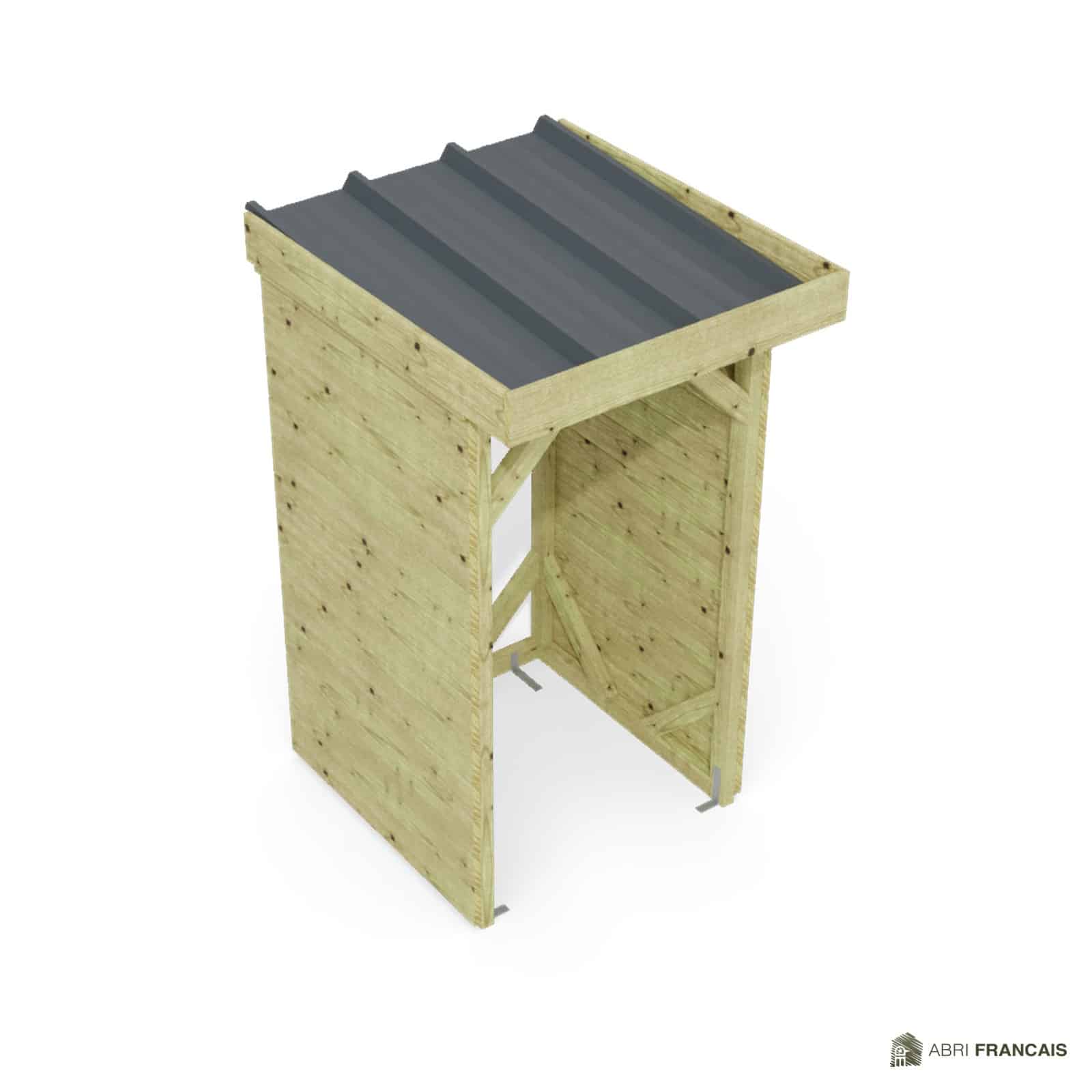Abri à bûches 1 m × 1,30 m, adossé – vue du toit en bac acier
