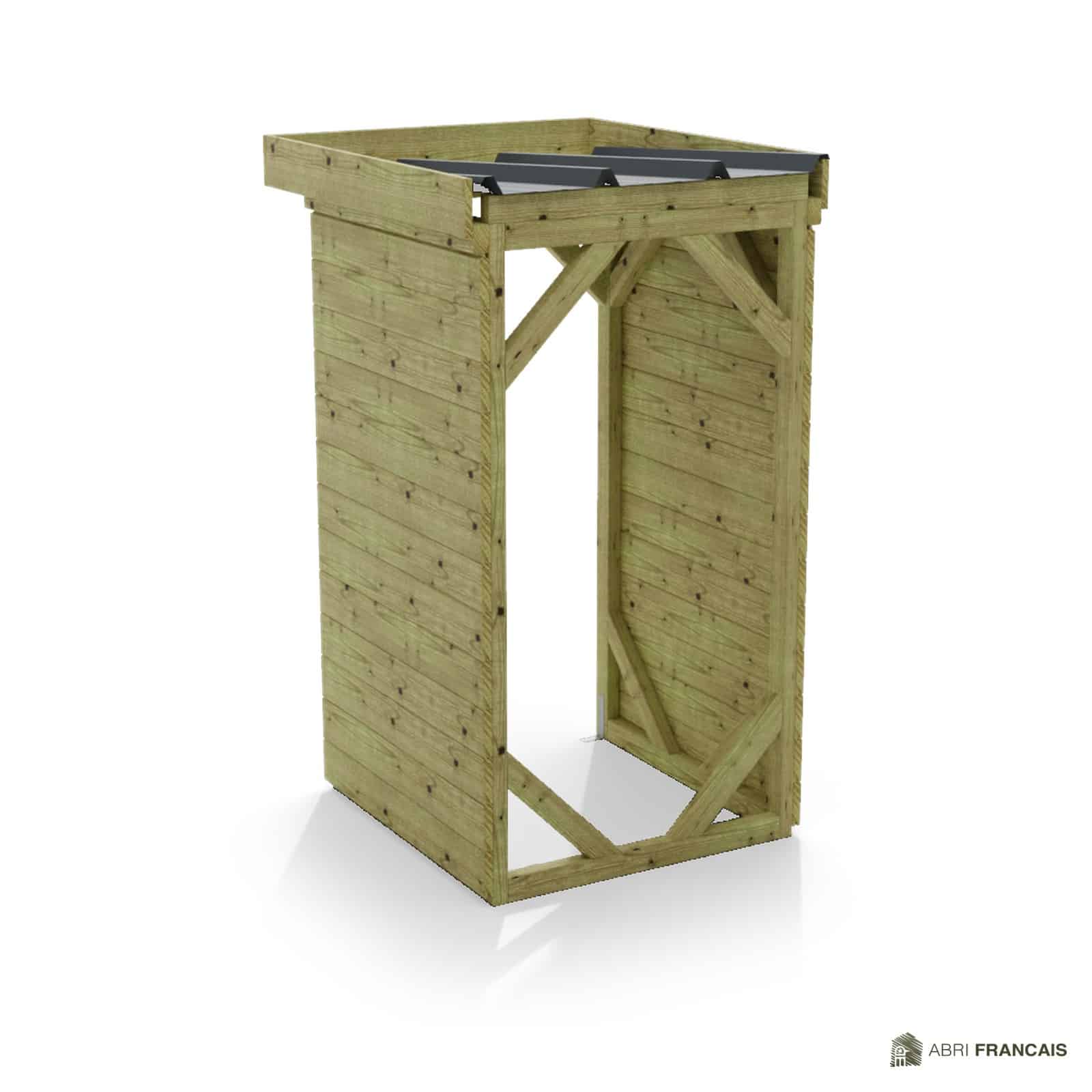 Abri à bûches 1 m × 1,30 m, adossé – vue arrière, fond et côtés